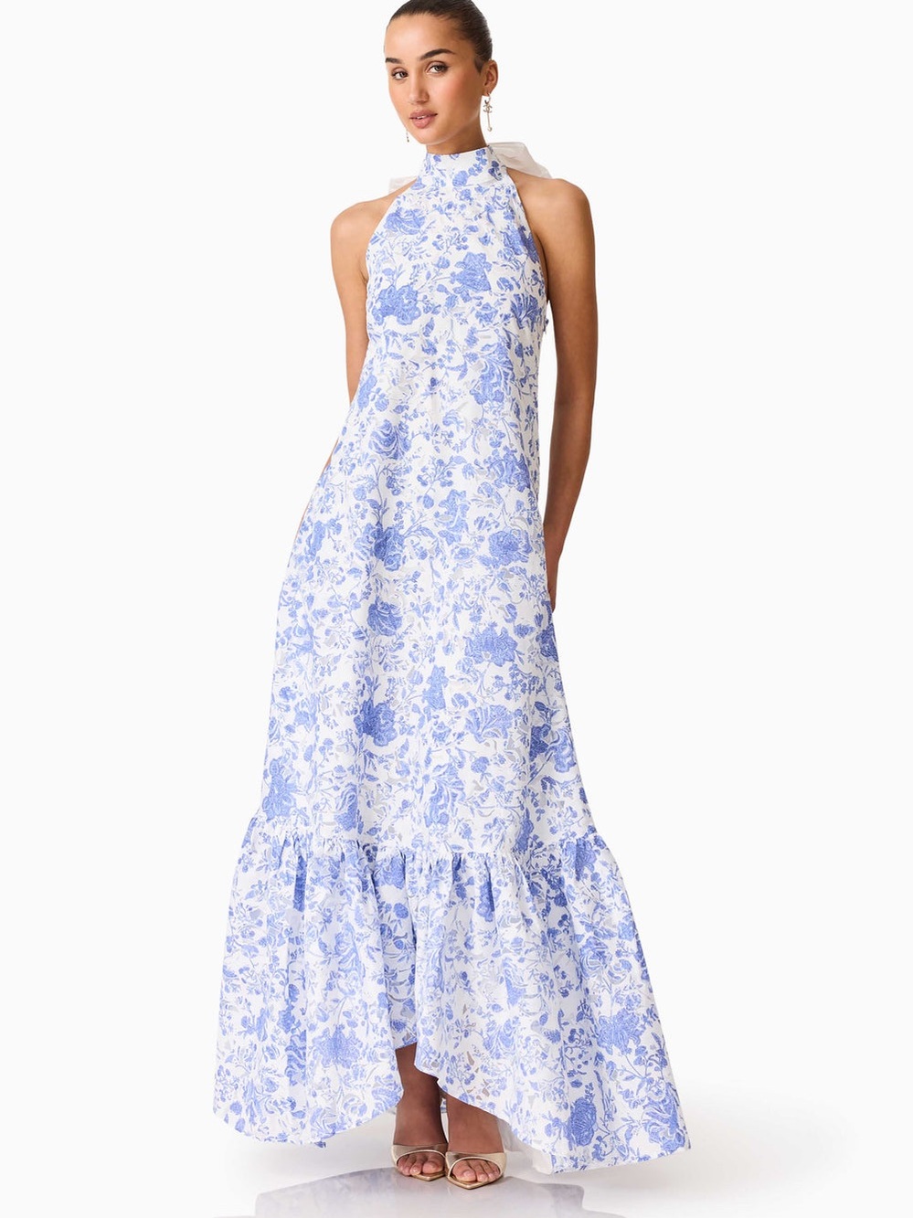ELLIATT Elin Halter Gown in Blue Floral Wedding Guest Vacation Size S NWT - Picture 3 of 8